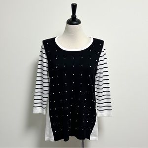 White House Black Market Stripe 3/4 Sleeve Faux Pearls Sliding Seams Top *DEFECT